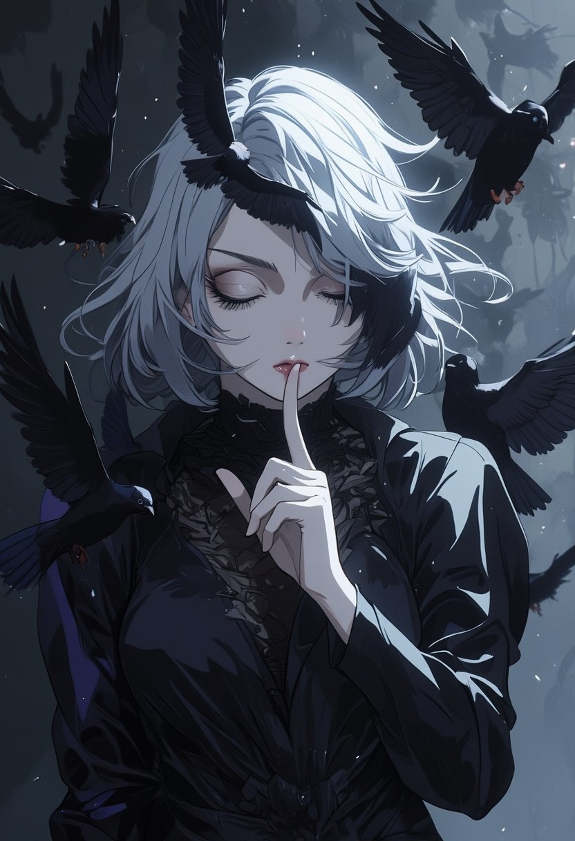 An Acrylic style painting that is expressive, gives it a dynamic and emotional quality. Anime art of a stylized portrait of a woman with a ethereal black and gray mist surrounding her body. The mist creates a dramatic and surreal effect. A pigeon's wing, which flies, covers one of the eyes, the front of the face. The woman has a cold aesthetic, complimented by her white hair. Anime art of woman draped in shadows with a lighting that enhances her unique features.
The background is dark gray, filled with  a pigeon swarm flying.
Holding finger to lips, shush, shushing motion,