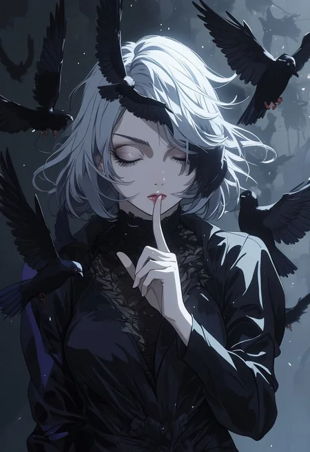 An Acrylic style painting that is expressive, gives it a dynamic and emotional quality. Anime art of a stylized portrait of a woman with a ethereal black and gray mist surrounding her body. The mist creates a dramatic and surreal effect. A pigeon's wing, which flies, covers one of the eyes, the front of the face. The woman has a cold aesthetic, complimented by her white hair. Anime art of woman draped in shadows with a lighting that enhances her unique features.
The background is dark gray, filled with a pigeon swarm flying.
Holding finger to lips, shush, shushing motion,