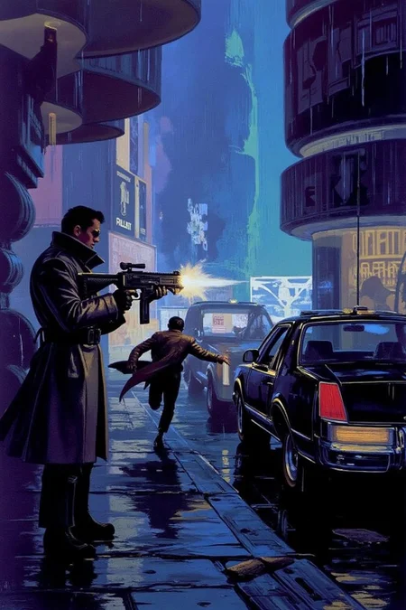 sydme1 painting A dramatic and intense scene depicting a blade runner standing resolutely on a rain-slick urban street, illuminated by the glow of neon lights from towering buildings. The blade runner, clad in a long, dark trench coat that billows slightly in the wind, holds a high-tech firearm in a steady grip, discharging a vivid, blue-tinged energy blast. In the distance, a man is captured mid-sprint, his silhouette framed by the light of the weapon's energy bolt as it streaks toward him. The fleeing figure's posture is desperate, his coat trailing behind him as he tries to escape. The ground is wet, reflecting the vibrant colors of the cityscape, with scattered debris adding to the gritty, dystopian atmosphere. The sky above is dark and foreboding, with rain falling heavily, while holographic advertisements and the glow of a towering megastructure loom in the background, encapsulating the cyberpunk aesthetic of a high-stakes chase in a futuristic metropolis. <lora:sydme6_cap_d6a3:1.0><lora:811003968819023283:0>