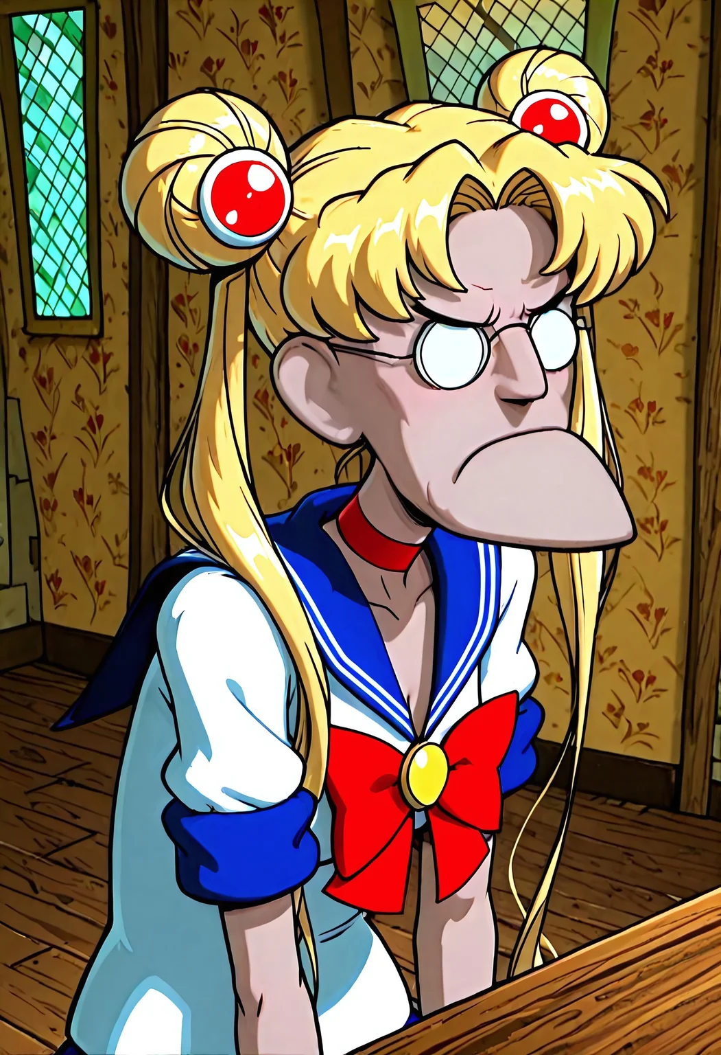 Masterpiece, absurdres, best quality, highly detailed, 1boy, solo, Eustace, Bagge, Sailor Moon outfit, blonde hair, hair bun, long hair, twintails, parted bangs, glasses, grumpy expression, indoors, detailed background