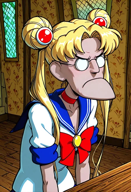 Masterpiece, absurdres, best quality, highly detailed, 1boy, solo, Eustace, Bagge, Sailor Moon outfit, blonde hair, hair bun, long hair, twintails, parted bangs, glasses, grumpy expression, indoors, detailed background