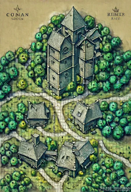 ( Squares lines:1.3)(Table:1.0),Town, exterior,Trees,create a magicalForest an the riber and castle ruins