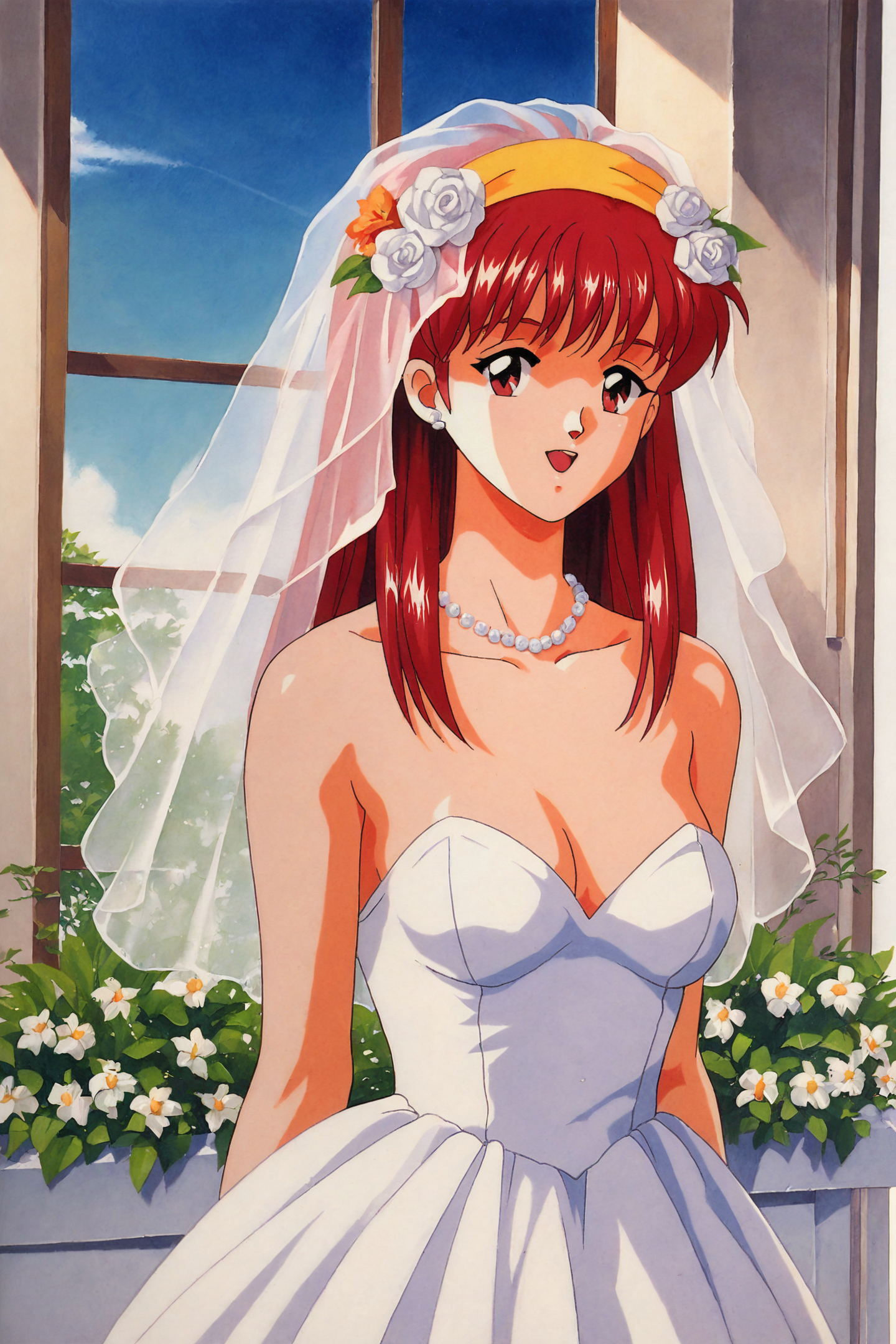 score_9,score_8_up,score_7_up,
Fujisaki Shiori,1girl,retro artstyle,solo,1990s (style),yellow hairband,long hair,outdoors,red hair,open mouth,red eyes,hair ornament,veil,hair flower,white flower,wedding dress,window,leaf,upper body,white dress,pearl necklace,looking at viewer,bride,traditional media,bridal veil,
<lora:Tokimeki Memorial_XL_PONY:0.8>,