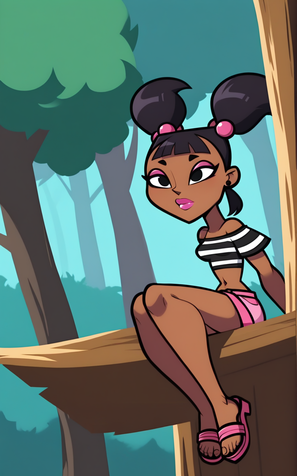 best quality, absurdres,full body, <lora:BolivanteStyleITS:0.8>,  <lora:KTDITS:0.8>,KTDITS, sandals, pink sandals, shorts, pink shorts, short shorts, midriff, navel, shirt, striped shirt, short sleeves, bare shoulders, black hair, dark skin, lipstick, makeup, hair bobbles, earrings, hair ornament, twintails, black eyes, short twintails,solo,slim,cabin,outside,forest,hands behind back ,slim, sitting in a tree brach