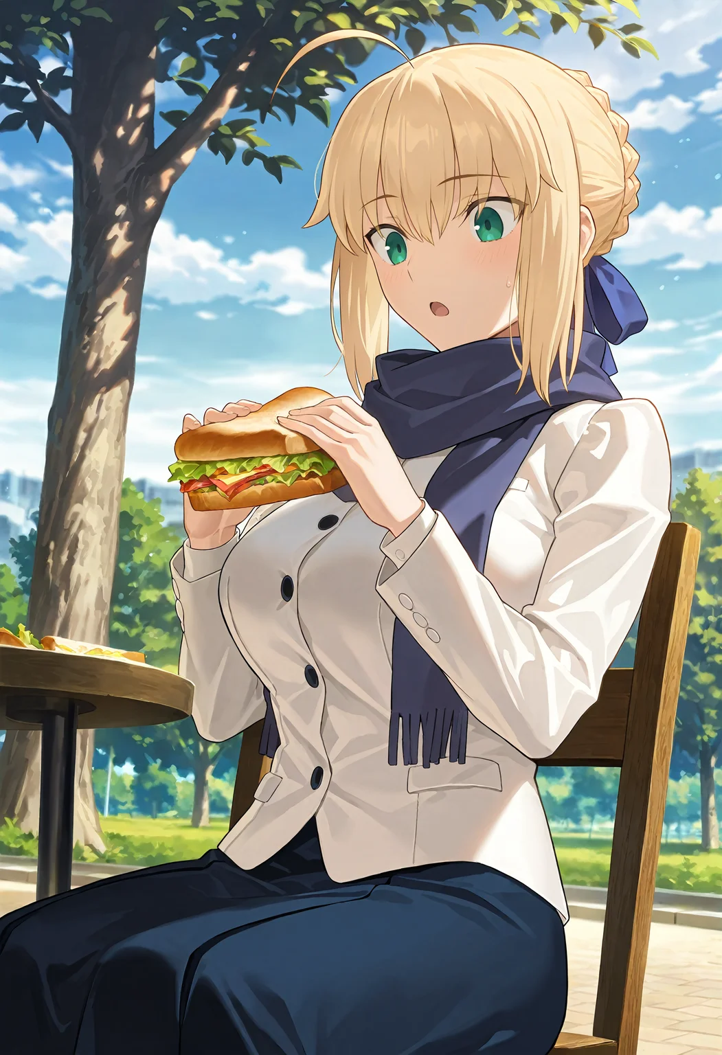 masterpiece, best quality, amazing quality, very aesthetic, absurdres, newest, scenery, 1girl, solo, huge breasts, surprised, blush, open mouth, <lora:Saber illustxl:1> artoria pendragon (fate), saber (fate), blonde hair, green eyes, ahoge, hair ribbon, blue ribbon, french braid, braided bun, single hair bun, short hair, sidelocks, blue scarf, white jacket, long sleeves, blue skirt, long skirt, black pantyhose, sitting, on chair, holding sandwich, park, outside, upper body, front view, looking down, shiny skin, masterpiece, best quality, amazing quality, very aesthetic, absurdres, newest, scenery
