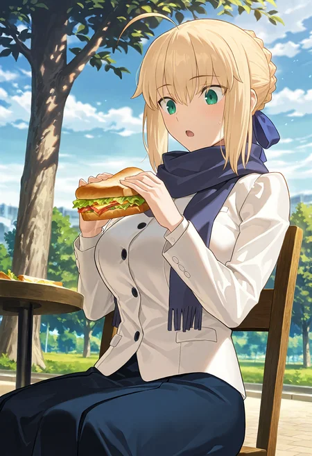masterpiece, best quality, amazing quality, very aesthetic, absurdres, newest, scenery, 1girl, solo, huge breasts, surprised, blush, open mouth, <lora:Saber illustxl:1> artoria pendragon (fate), saber (fate), blonde hair, green eyes, ahoge, hair ribbon, blue ribbon, french braid, braided bun, single hair bun, short hair, sidelocks, blue scarf, white jacket, long sleeves, blue skirt, long skirt, black pantyhose, sitting, on chair, holding sandwich, park, outside, upper body, front view, looking down, shiny skin, masterpiece, best quality, amazing quality, very aesthetic, absurdres, newest, scenery