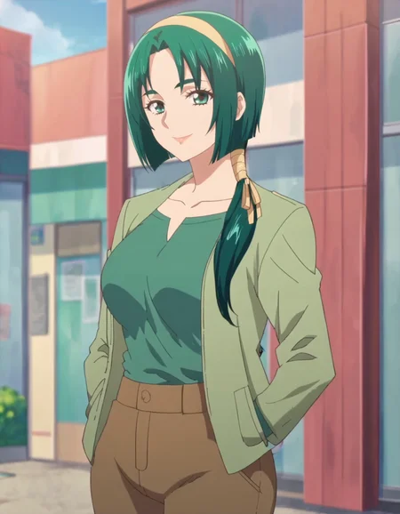 score_9, score_8_up, score_7_up, anime screencap, solo,1girl,akimotokomachi, 1girl, solo, green shirt, smile, long hair, hairband, looking at viewer, shirt,pants,jacket,cowboy shot,large breasts,wide hip, <lora:akimotokomachi:0.8>