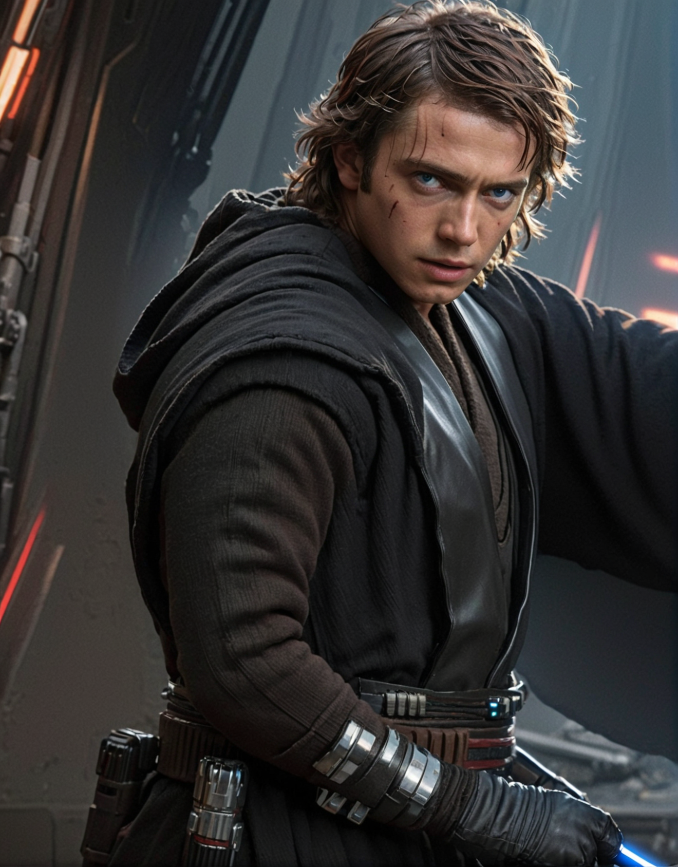 (extreme close-up 1.5) Hyper-realistic portrait of Anakin Skywalker Jedi <lora:Anakin_Skywalker_Jedi:0.7> fighting clonetroopers with very short hair and a blue lightsaber, ((wearing blue and red CloneWars outfit)), exhibits acrobatic prowess on the futuristic spectacular star wars planet Coruscant, (((fighting against clonetroopers))), pose inspired by Boris Vallejo, brushwork echoing Carne Griffiths, and color palette reminiscent of Wadim Kashin, set under studio lighting, captured with a 5d camera, in HDR, 8k resolution, with a futuristic cyberpunk sci-fi  Star wars style <lora:star wars style v2:0.6> metropolis providing a stark backdrop, sharp focus, infused with a graphic novel aesthetic, cinematic