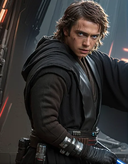 (extreme close-up 1.5) Hyper-realistic portrait of Anakin Skywalker Jedi <lora:Anakin_Skywalker_Jedi:0.7> fighting clonetroopers with very short hair and a blue lightsaber, ((wearing blue and red CloneWars outfit)), exhibits acrobatic prowess on the futuristic spectacular star wars planet Coruscant, (((fighting against clonetroopers))), pose inspired by Boris Vallejo, brushwork echoing Carne Griffiths, and color palette reminiscent of Wadim Kashin, set under studio lighting, captured with a 5d camera, in HDR, 8k resolution, with a futuristic cyberpunk sci-fi  Star wars style <lora:star wars style v2:0.6> metropolis providing a stark backdrop, sharp focus, infused with a graphic novel aesthetic, cinematic