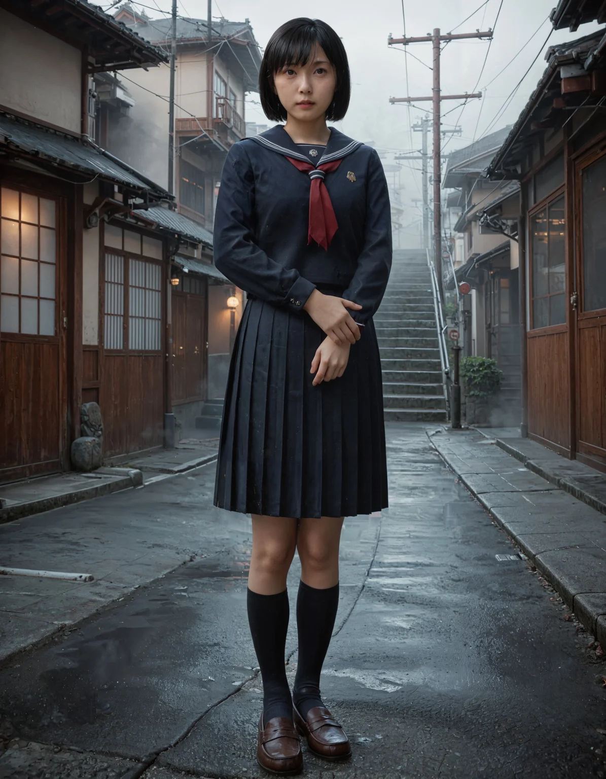 score_9,score_8_up,score_7_up,shi_ko, 1girl,short hair,black hair,serafuku,school uniform,shirt,black socks,loafers,photo,realistic,japanese street,japan,buildings,dark,fog,stairs,power lines,east asian architecture,night