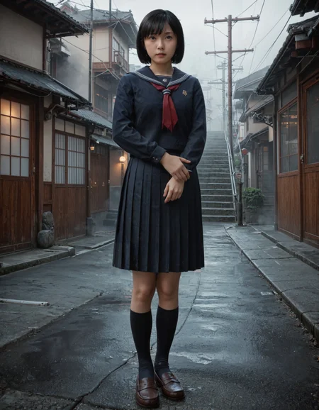 score_9,score_8_up,score_7_up,shi_ko, 1girl,short hair,black hair,serafuku,school uniform,shirt,black socks,loafers,photo,realistic,japanese street,japan,buildings,dark,fog,stairs,power lines,east asian architecture,night