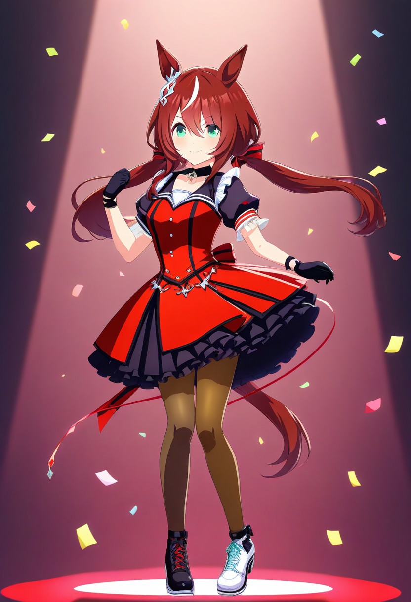 Jed-StickyN, confetti made of sticky notes, 
(win_variation_(umamusume), 1girl, solo, streaked_hair, tail, twintails, shobufuku,animal_ears, asymmetrical_footwear, black_gloves, black_shoes, brown_pantyhose, character_name, closed_mouth, dress, floating_hair, frilled_sleeves,  )
frills, gloves, green_eyes, grey_background, hair_between_eyes, hair_ornament, horse_ears, horse_girl, horse_tail, long_hair, low_twintails, mismatched_footwear, multicolored_hair, pantyhose, 
(pleated_skirt, red_dress, red_hair, shoes, short_sleeves, skirt, small_breasts, smile,  looking_at viewer, bangs, hair_between eyes, bare_shoulders, full_body, black_pantyhose, brown_gloves, dancing, red_spotlight, black_footwear, white_footwear, mismatch_footwear, dynamic_pose,  very_long_hair, white_background, white_hair, white_shoes, white_skirt : 0.7)