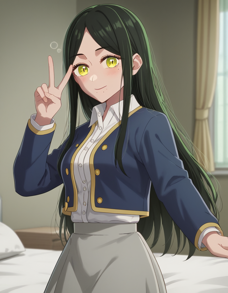 score_9, score_8_up, score_7_up, source_anime, <lora:frill-shiranui-s1s2-ponyxl-lora-nochekaiser:1>, frill shiranui, long hair, bangs, black hair, green eyes, yellow eyes, green hair, mole, mole under eye, mole under mouth, medium breasts,, shirt, jacket, white shirt, collared shirt, blue jacket, long sleeves, skirt, grey skirt,, indoors, bed, bed room, on side, blush, drunk,, smile, , v, v over eyes,, solo,, cowboy shot, dutch angle,
