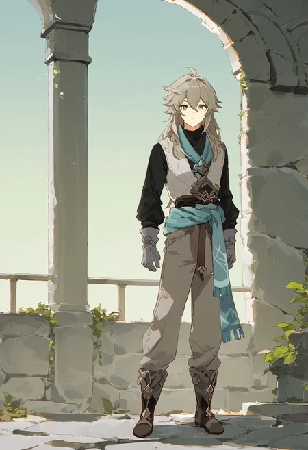 Score_9, score_8_up, score_7_up, Genshin Impact Style, source_anime, stone temple, stone patio, 1man, solo, standing by window
Grey hair, flat hair, flatll long hair, flat long bangs, LONG HAIR, long straight hair, tall man, stubble, long bangs, staring at viewer, facing viewer, green eyes, curious, white vest, black shirt, long sleeves, tied sleeves, light teal scarf, cloth scarf, grey gloves, khaki pants, light brown leather boots, leather sash around waist