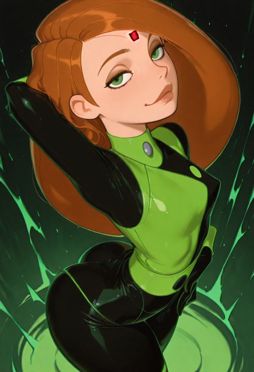 1girl, solo, masterpiece, best quality, amazing quality, absurdres BREAK mind control chip, kim possible, ginger hair, long hair, green eyes, forehead ornament, glowing red light, skinny, black and green bodysuit, two-toned uniform, gloves, green belt, evil eyes, smug, alluring, posing, dynamic pose, sexy, alluring, one hand behind head, one hand on hips, hips to side, wide hips, bubble butt, curvy, small breasts, dynamic pose, sexy, from above, green aura, ((looking at viewer))
