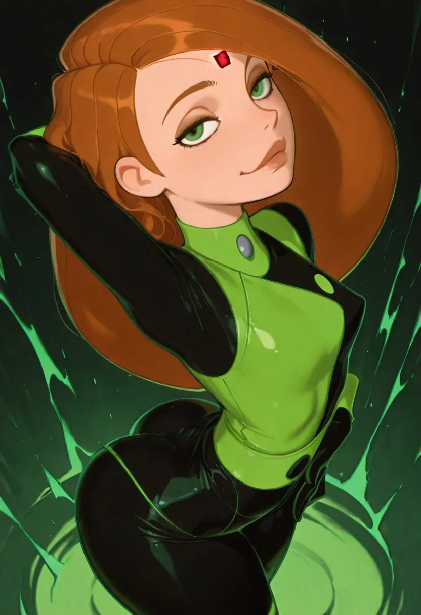 1girl, solo, masterpiece, best quality, amazing quality, absurdres BREAK mind control chip, kim possible, ginger hair, long hair, green eyes, forehead ornament, glowing red light, skinny, black and green bodysuit, two-toned uniform, gloves, green belt, evil eyes, smug, alluring, posing, dynamic pose, sexy, alluring, one hand behind head, one hand on hips, hips to side, wide hips, bubble butt, curvy, small breasts, dynamic pose, sexy, from above, green aura, ((looking at viewer))