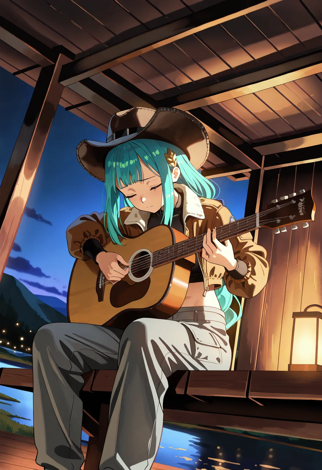 <lora:SueleciaIL:1>, suelecia,
black crop top, grey cargo pant, aviator jacket with white fur, black cowboy hat,
sad face, playing guitar, music instrument, acoustic guitar, sitting on wooden pontoon,
dynamic angle, wooden pontoon, lake, morning lights, warm atmosphere, night, from below, good hands,
masterpiece,best quality,amazing quality,