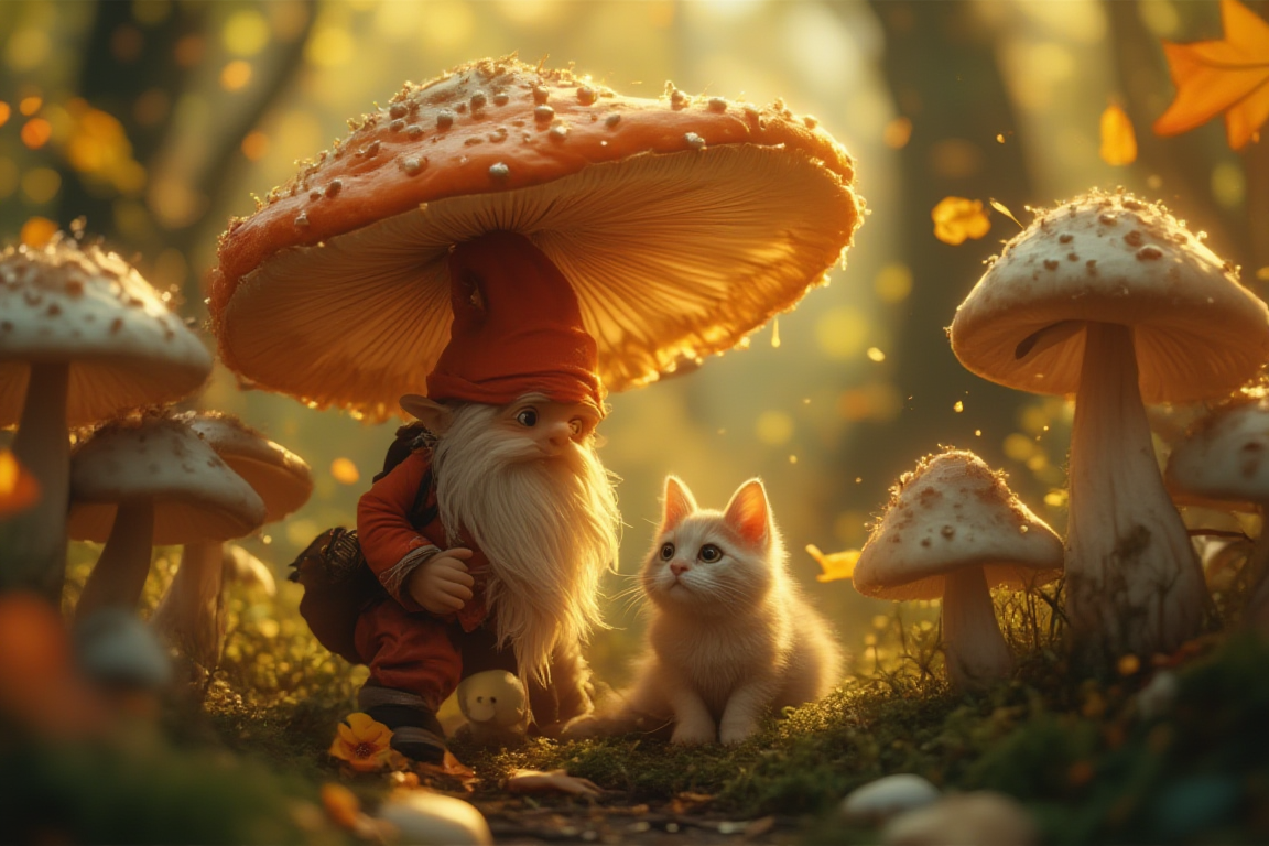 Abstract Lighting Effects, Hyperrealism, Midjourney Style, Photorealism, Cinematic, High Fidelity, Realism, Light Play,
"A scene in a magical forest with a small gnome who carries a huge fly agaric mushroom in the form of an umbrella. The gnome is dressed in a bright orange outfit with a long white beard, a red hat and a leather shoulder bag. Around him grow giant fly agarics and other mushrooms, creating a fairytale atmosphere. At his feet sits a fluffy cat with big eyes. Autumn, yellow leaves swirl around, the light is soft and golden, with bokeh in the background. Fantasy, detailed scene with warm lighting and soft shadows.