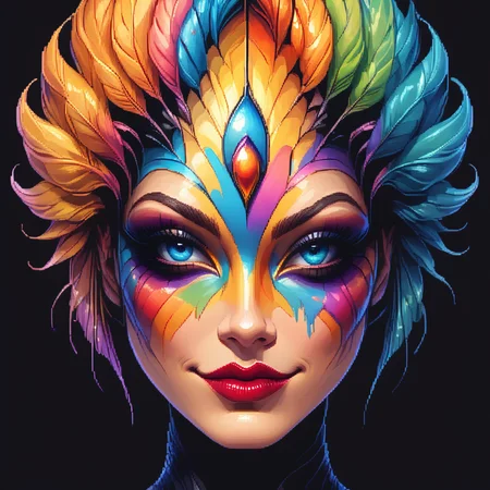 <lora:Pixel_Art_Styles_Pony:1> ArsMJStyle, Pixel Art, manyP, The image shows a woman with a colorful face paint and feathers on her head set against a dark background. Her face is animated giving her a dynamic and powerful look., solo, 1girl, blue eyes, black background, portrait, looking at viewer, closed mouth, makeup, simple background, smile, lipstick