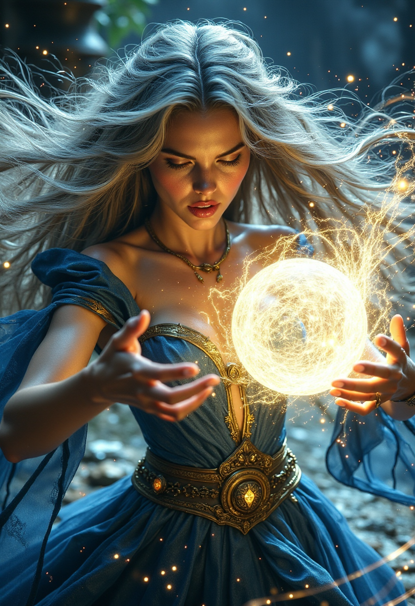 A powerful beautiful female sorcerer,  her face contorted in struggle, battles to contain a massive magical sphere on the brink of explosion. The sorcerer's flowing silver hair billows around her as she channels her energy into controlling the swirling sphere of light. This vivid scene is expertly captured in a detailed and breathtaking painting, showcasing the intensity of the sorceress's predicament. Every line and color in the image is meticulously crafted to convey the sheer force and beauty of her magic.  <lora:FantasyWizardWitchesFluxV2-000001:1>