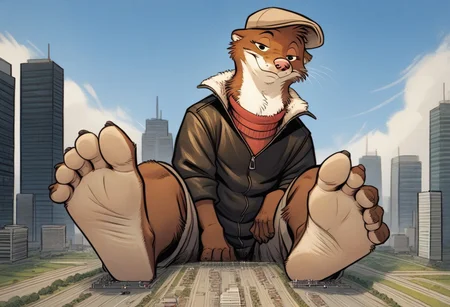 score_9, score_8_up, score_7_up, score_6_up, score_5_up, score_4_up, solo, source_furry, 1boy, city, smile, full body, seductive expression, solo, k-9
,
W33kly_BS, Weekly, Anthro Weasel, Lesser Weasel, brown weasel, brown fur, white chin, white neck, white inner ear, black eyebrows, black eyes, pink nose, whiskers, shortstack, tan hat, flat cap, leather jacket, flight jacket, fleece collar, red sweater, khakis,
,
plantigrade, three toes, feet with three toes
,
(Sitting:1.4), big feet, (macro, giant), looking at viewer, from below, feet focus, low-angle view, soles