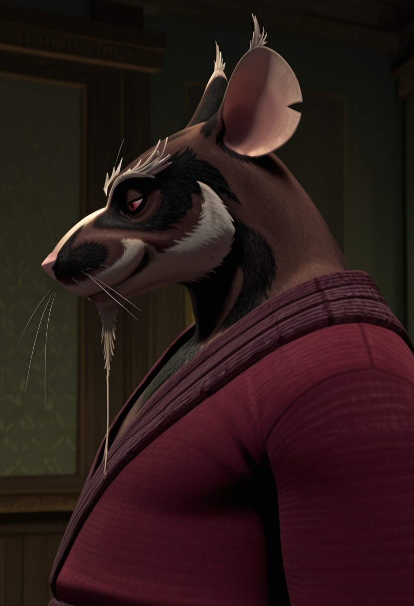 masterpiece, best quality, amazing quality, very aesthetic, absurdres, newest,  high quality, detailed, male, solo male, Splinter, 1boy, broad shoulders, mature male, red eyes, athletic build, animal ears, rat, brown body, bushy eyebrows, facial hair, beard, anthro, anthro male, red robe, detailed face, detailed eyes, looking at viewer, half lidded eyes, smiling, indoors, volumetric lighting, close up, bust shot, side view