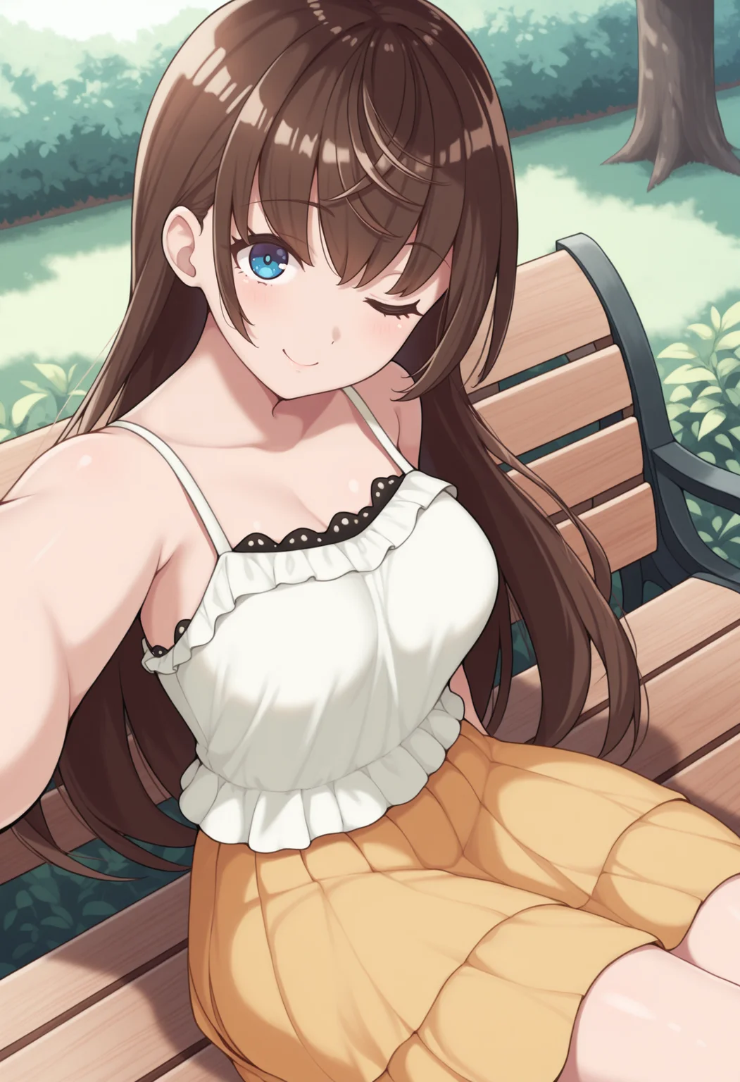 masterpiece, best quality, solo, 1girl, smile, looking at viewer, <lora:Mio-illus:1>, mio, brown hair, blue eyes, long hair, white camisole, yellow skirt, outdoors, sitting, selfie, one eye closed, bench,