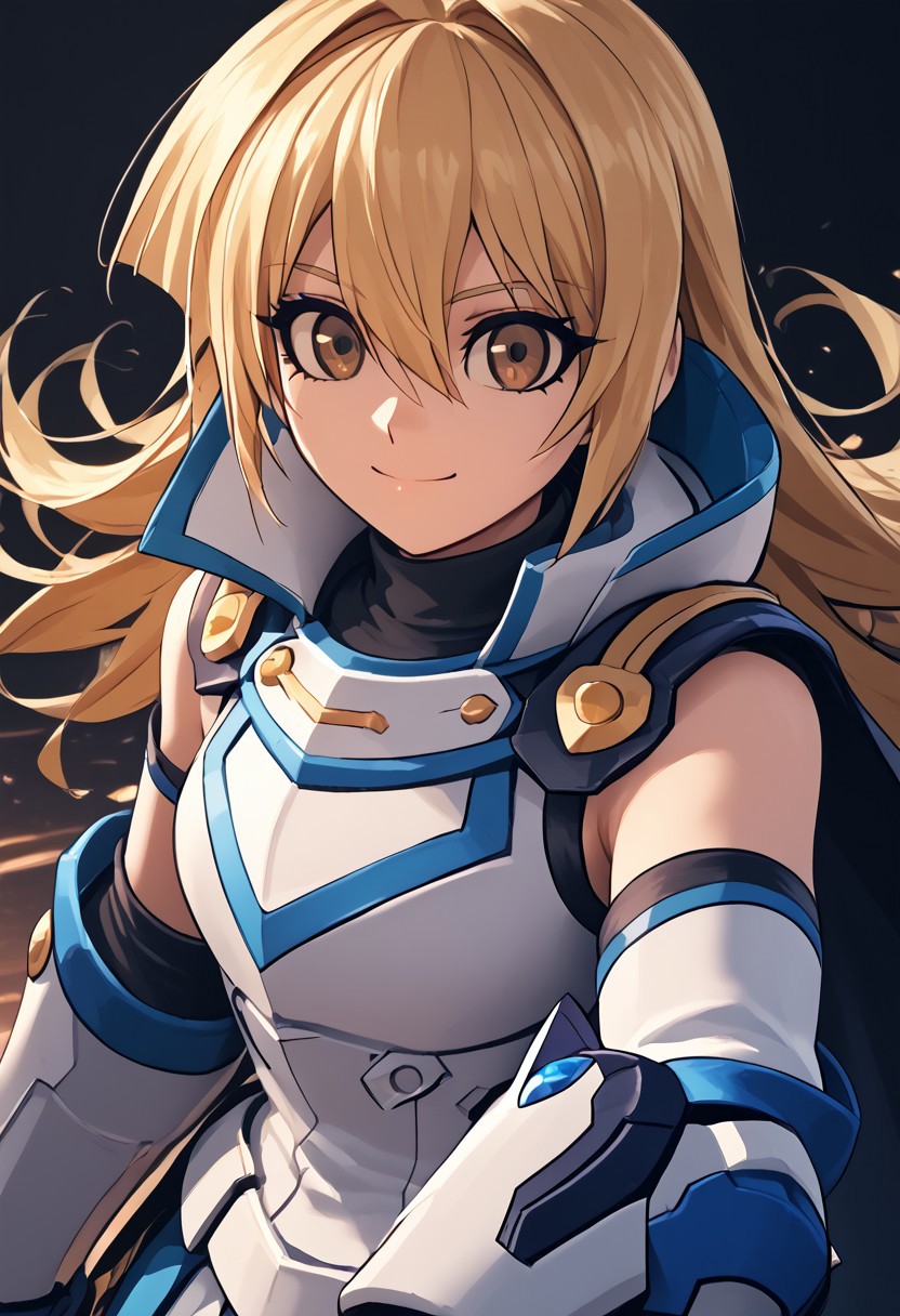 score_4,score_5,score_6,score_7_up,score_8_up,score_9
((masterpiece,best quality,ultra detailed,highres,HD,4k:1.2)),
Azure Striker Gunvolt(Main),shining highlights,
1girl, solo, girl focus,solo focus,face focus,
asukatj_def, brown eyes, blonde hair, long hair, hair between eyes, 
cape, cloak, armor, spikes, gauntlets,
smile,light smile,
