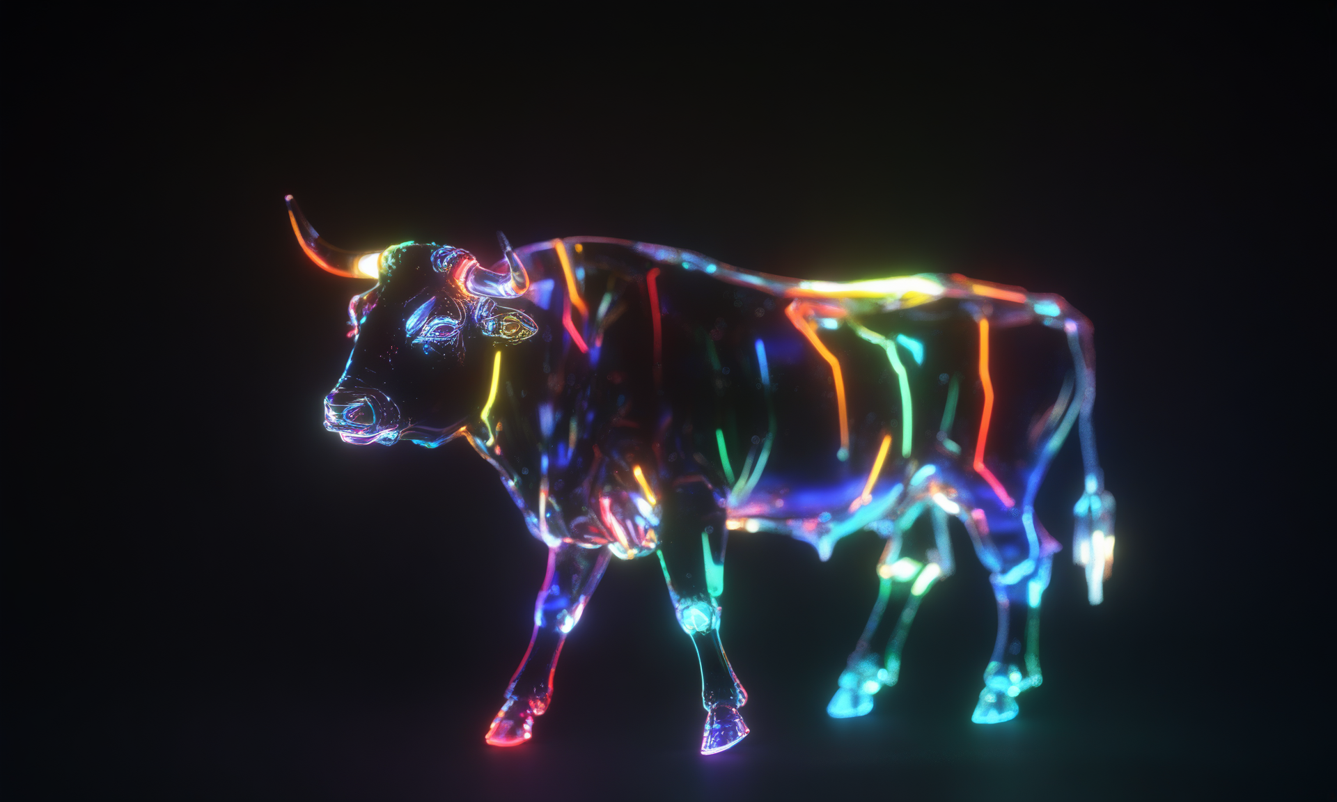 <lora:shineglasscd_xl-000005:0.7>,a (shineglasscd_xl,shine glass,neon lights,light particles,colorful:1.3,gradient,chromatic aberration) mechanical ox,no humans,long-focus,tilt-shift,dark background,simple background,full body,chinese zodiac,cutie,cute,still life,front view,facing viewer,looking at viewer, emotional,harmonious,high budget,moody,epic,gorgeous,perfect lighting,realistic,photorealistic,photographic,photo (medium),real,moody lighting,volumetric lighting,reality ray tracing,8K,HDR,UHD,masterpiece,best quality,highly detailed,high resolution,finely detail,extremely detailed,ultra detailed,wallpaper