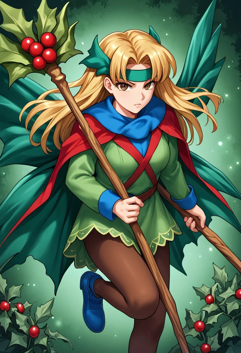 score_9,score_8_up,score_7_up,source_anime,5_figner,2d_animation,game cg,BREAK,1girl,solo,mature female,Holly Fairy,blue footwear.staff,blond hair,plant,vines,brown pantyhose,red cape,long hair,green fairy,green headband,wing,flying,
medium breast,upper body,serious,looking at viewer,front view,
indoor,Vampire Palace,
masterpiece,best qualit,ultra-detailed,illustration,an extremely delicate and beautiful,beautiful detailed eyes,unity 8k wallpaper,high resolution,anime CG,official_art,