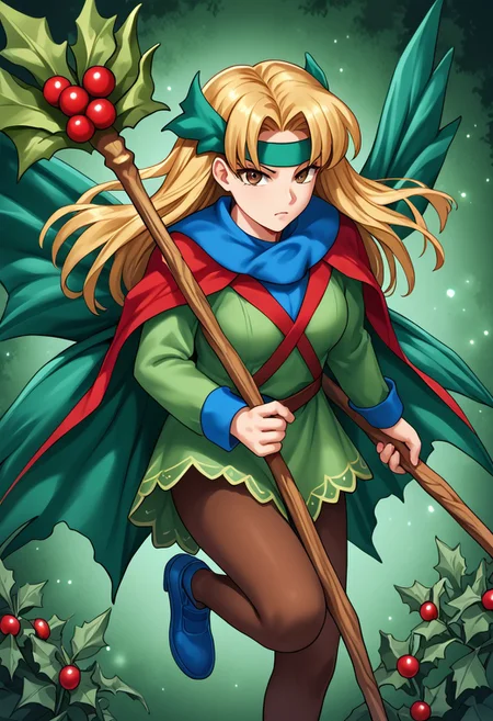 score_9,score_8_up,score_7_up,source_anime,5_figner,2d_animation,game cg,BREAK,1girl,solo,mature female,Holly Fairy,blue footwear.staff,blond hair,plant,vines,brown pantyhose,red cape,long hair,green fairy,green headband,wing,flying,
medium breast,upper body,serious,looking at viewer,front view,
indoor,Vampire Palace,
masterpiece,best qualit,ultra-detailed,illustration,an extremely delicate and beautiful,beautiful detailed eyes,unity 8k wallpaper,high resolution,anime CG,official_art,