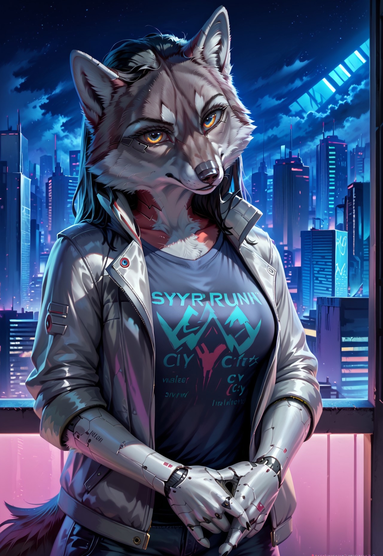 score_9, score_8_up, score_7_up, score_6_up, photorealistic, epiCPhotoGasm-colorfulPhoto, Realistic, highres, super high resolution, 8k, photo, furry, Furry, anthro, fur, wolf, female, long black hair, implants, implant eye, robot, furry, window, cyberpunk, night, cyber city, cyberpunk city, metallic eye, metallic arm, metallic fur, robot, jacket, silver jacket, thin body, T-shirt, night, roof, roofs, implanted hand, roof, city, cyberpunk city, cyberpunk, realistic, detailed, detailed fur,