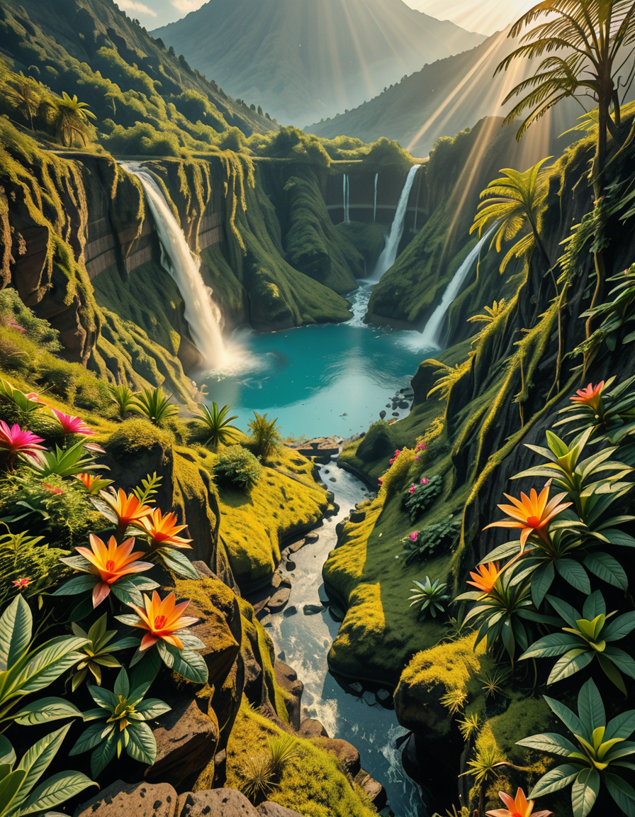A breathtaking view of an ancient, dormant volcano now transformed into a lush, vibrant natural sanctuary. The crater is filled with dense tropical forests, colorful exotic flowers, cascading waterfalls, and mist swirling gently in the morning light. Vines and moss cover the dark volcanic rocks, and small streams wind down the slopes. while rays of sunlight pierce through the dense canopy, creating sparkling reflections on the water. The atmosphere feels peaceful, enchanted, and untouched by humans. The scene is depicted in an ultra-detailed, hyper-realistic style, with warm, soft lighting and rich, saturated colors that enhance the magical and serene mood of the landscape.
<lora:SDXLFaeTastic2400:0.4> <lora:extremely_detailed:0.4> extremely detailed,dormant v0lc4n0, <lora:dormant_v0lc4n0-i:1>, Masterpiece,best quality,hi res,8k,hi res,8k,award winning,(sharp focus, intricate, highly detailed),