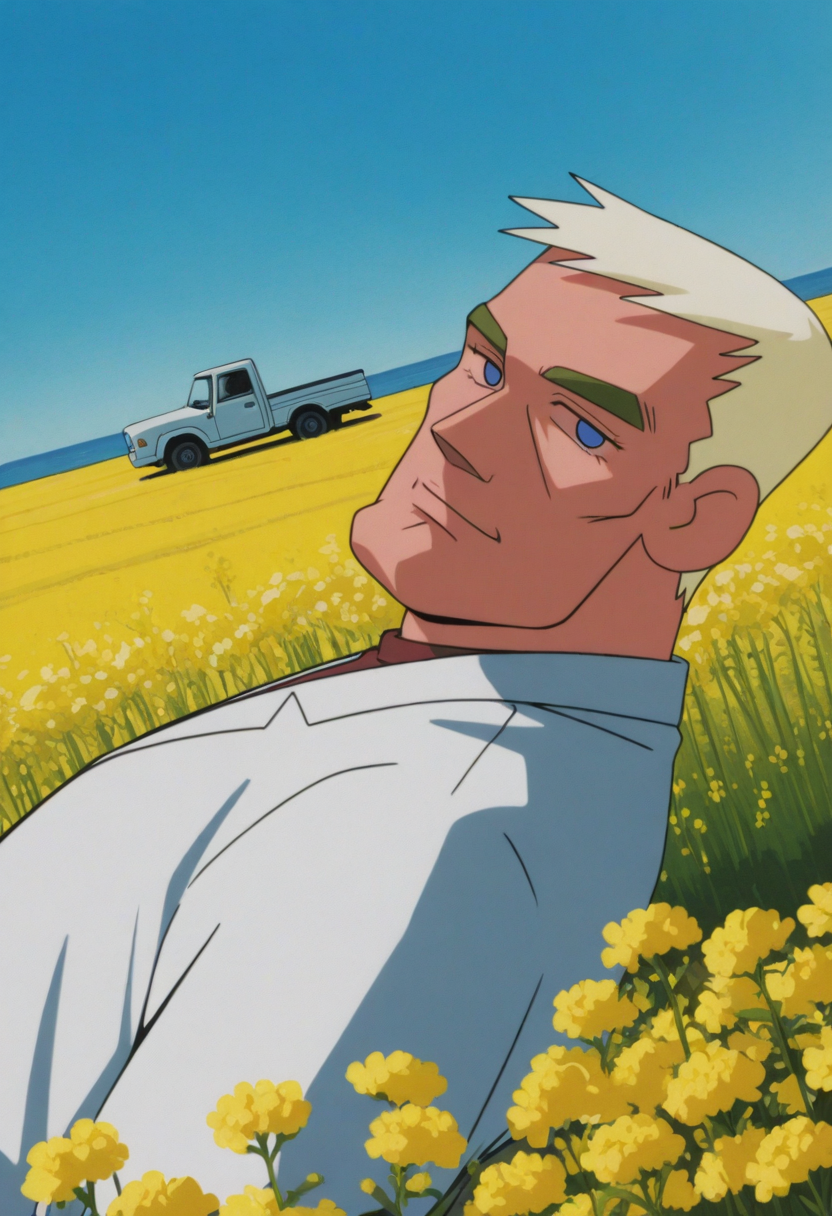 1boy, leaning back, happy, upper body, looking at viewer, from side, dutch angle,
BREAK
<lora:Hexon_from_Crayon_Shin-chan_Pursuit_of_the_Balls_of_Darkness_v1.0_1724039:1>
cs97hexon, 2000s \(style\), retro artstyle, mature male, blonde hair, blue eyes, thick eyebrows,
BREAK
horizon, blue sky, farm, pickup truck, field, rapeseed blossoms,
BREAK
very awa, masterpiece, best quality, absurdres, newest, perfect quality, detailed background, intricate details,
