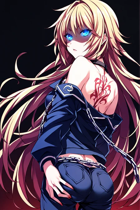 score_9, score_8_up, score_7_up, score_6_up, score_5_up, score_4_up, source_anime BREAK
1girl, solo, Tsujidou Ai, long hair, blonde hair, blue eyes, chains, serafuku, upper body, from behind, (ass, ass grab, grabbing own ass:1.1), hands looking back, (shaded face:1.1), (glowing eyes:0.75), (angry:0.6), looking at viewer, off shoulder, back, eyelashes, solo, back tattoo, simple background, tattoo, black background, gradient background, blood on clothes, <lora:Tsujidou_Ai2.0:0.8>