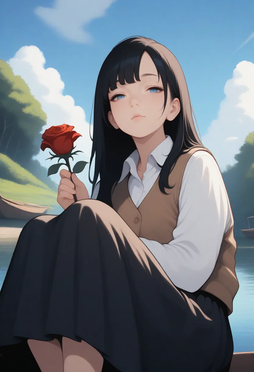 masterpiece, best quality, very aesthetic, 1girl, solo, dark hair, long hair, blue eyes, looking at viewer, holding rose, half-closed eyes, white collared shirt, brown vest, pleated skirt, long skirt, sitting, knees up, upper body, day, Eleanor \(people's works\), boat, river, cloud, blue sky, from below