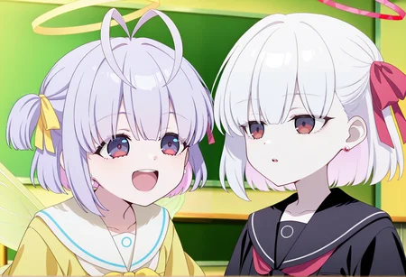 2girls, anime screenshot, anime screencap, anime coloring, indoors, classroom, 1girl, short hair, purple hair, antenna hair, twintails, single sidelock, yellow ribbon, purple eyes, cosplay, (arona \(blue archive\):0.7), smile, open mouth, upper teeth only, halo, upper body, fairy wings <lora:Kazuradrop_Illus:1>
BREAK
2girls, anime screenshot, anime screencap, anime coloring, indoors, classroom, 1girl, short hair, white hair, red eyes, hair ribbon, earrings, jewelry, cosplay, (plana \(blue archive\):0.7), expressionless, halo, upper body, <lora:Kama_mistake_Illus:1>, masterpiece, best quality, amazing quality, very aesthetic, absurdres, highres, newest