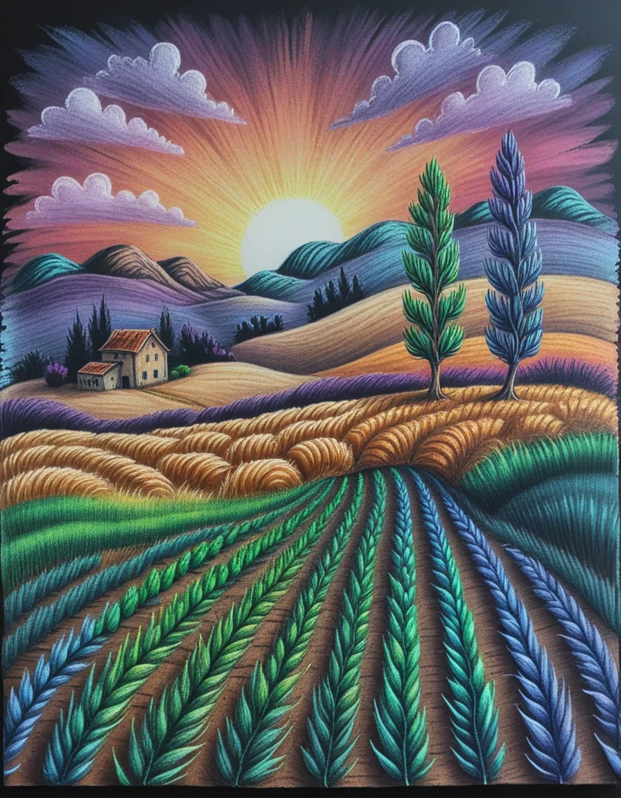 <lora:003_novuschromaSXL_a6:1> novuschroma style chalk pastels drawing of Wheat Field with Cypresses