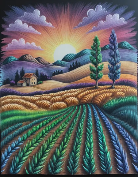 <lora:003_novuschromaSXL_a6:1> novuschroma style chalk pastels drawing of Wheat Field with Cypresses
