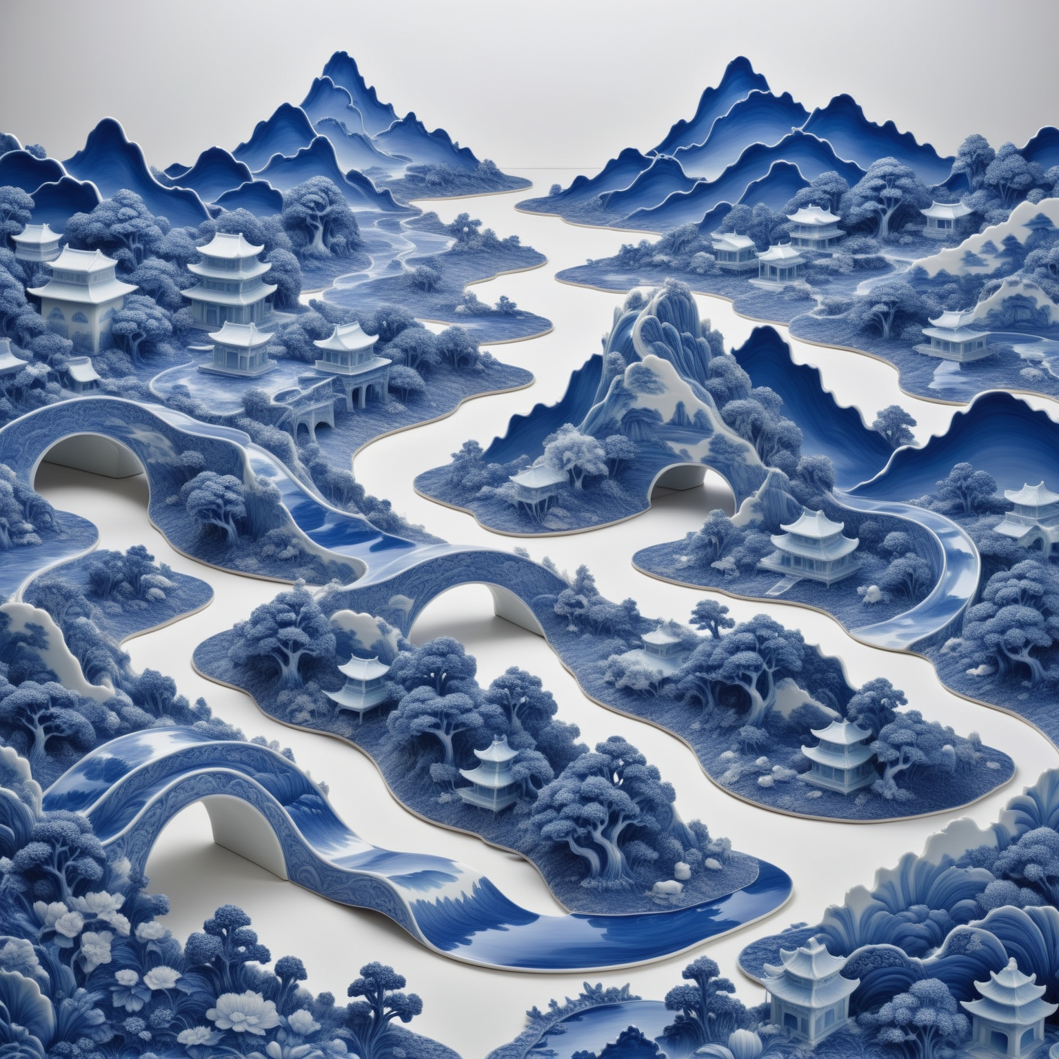 a landscape made out of Bluepatternporcelain ,  <lora:BluePatternPorcelainStyle:0.7>