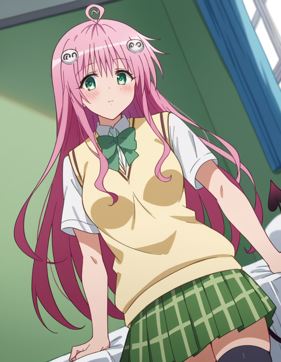 score_9, score_8_up, score_7_up, source_anime,
laladeviluke, <lora:lala-deviluke-darkness-ponyxl-lora-nochekaiser:1>,
lala deviluke, long hair, pink hair, tail, ahoge, bangs, hair ornament, green eyes,
demon tail, green skirt, plaid, plaid skirt, sainan high school uniform, school uniform, skirt, sweater vest, thighhighs, yellow sweater, short sleeves, bow, green bow,
indoors, bed, bed room, on side, blush, drunk,
looking at viewer, cowboy shot, dutch angle, solo,