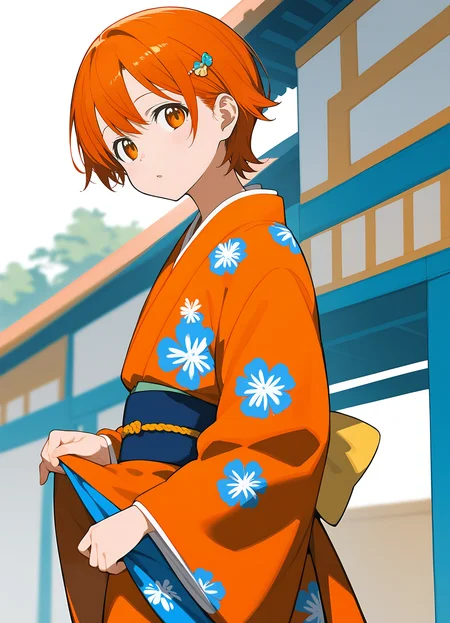 score_9,score_8_up,score_7_up,rating_safe,
1girl,solo,orange eyes,<lora:pony_xl_inami:1>,inami,hairclip,bow,orange hair,short hair,(print_kimono:1.3),lifted_by_self,cowboy shot,