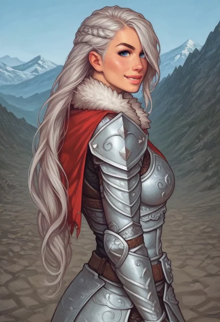 1girl, ((side view))), looking at viewer, highly detailed, from front, 1girl, highly detailed, skinny, looking at viewer, 1girl, masterpiece, best quality,
raw, masterpiece, extremely detailed, hyperrealism, photo, perfect anatomy, magnificent young warrior, full body, dramatic lighting, shadow play, romantic, heroism, epic, determination, proud, eternal beauty, detailed face, very long hair, very dark brown hair, beautiful blue eyes, battlefield background, massive plate armor, masculine body, muscular, heavy arms armor, red cape, fur collar, sword, BREAK
slight smile, looking at viewer, fur coat, dynamic pose,
BREAK
long hair, silver hair, hair over one eye, blue eye, big hair, dynamic pose
BREAK
best quality, depth of field, bokeh, (((full clothed))), ((ready to fight, holdind big sword in hands, big two-handed sword in hands)), highlander
BREAK
(((((snow, stones, mountains))))) score_9, score_8_up, score_7_up, score_6_up, source_cartoon, rating_explicit, Expressiveh, (((((upper body))))), dynamic pose