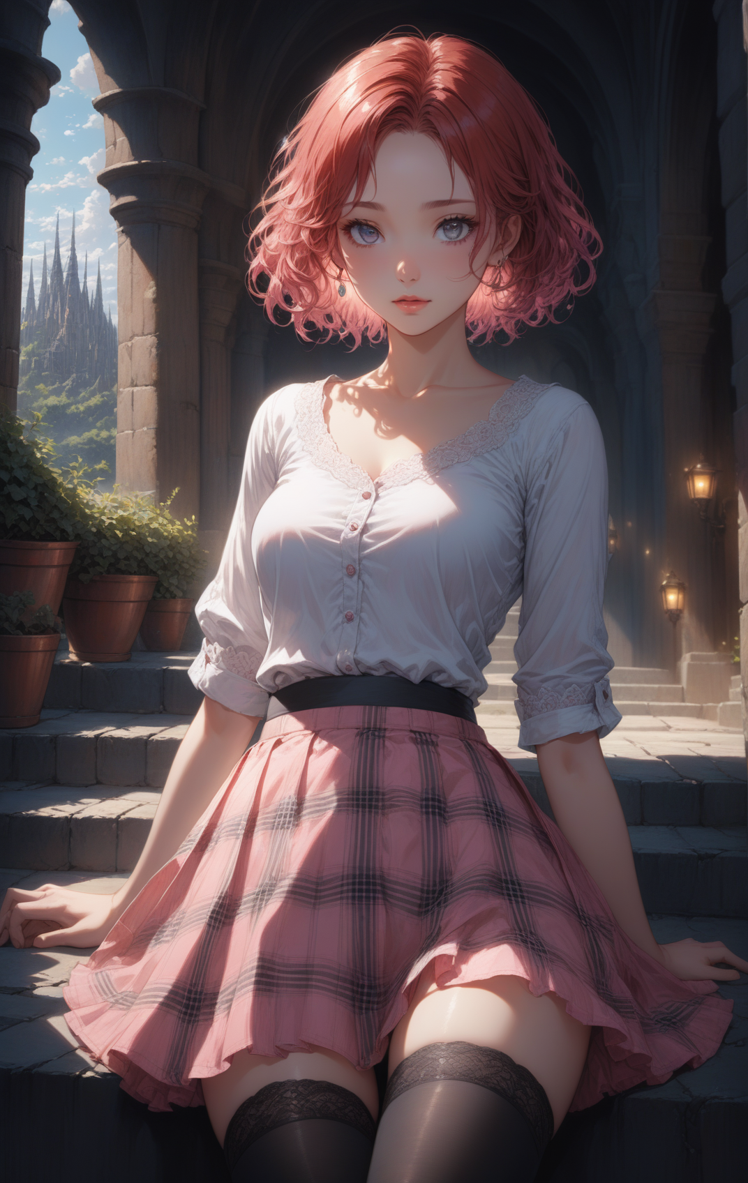 (masterpiece, best quality, ultra-detailed, best shadow), (detailed background,dark fantasy), (beautiful detailed face), (best illumination, an extremely delicate and beautiful), ((cinematic light)), colorful, hyper detail, dramatic light, intricate details, (depth) of (field),  detailed background,
 ponnie, red hair, short hair, wavy hair, forehead, side_part_hair, lips, grey_eyes, collarbones, 1ear,
plaid skirt, pink skirt, thigh highs, white shirt,
 pastel pink  <lora:aesthetic_anime_v1s:1.2>