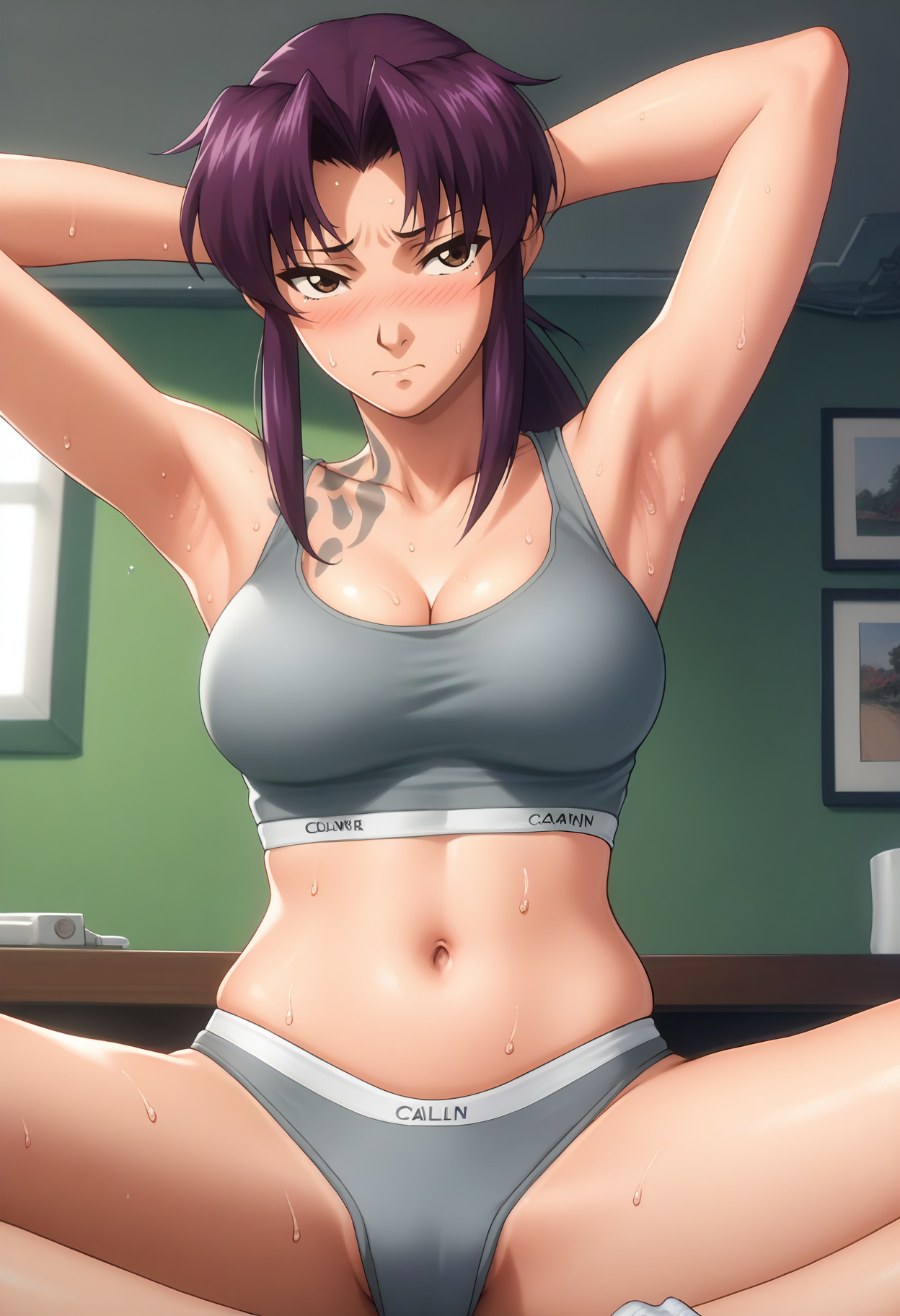 score_9, score_8_up, score_7_up, score_6_up, source_anime, <lora:CalvinKleinSF:0.6>, <lora:TazRevyV2:1>,
revy, purple hair, brown eyes, shoulder tattoo, ponytail,
CalvinKleinSF, calvin klein, sports bra, underwear, navel, cleavage, midriff, grey panties, collarbone, bare shoulders, wedgie, grey bra, skindentation,
sweat, crossed legs, blush, embarrassed, sitting, looking at viewer, spread legs, arms behind head, armpits, 
BREAK on bed, indoors,