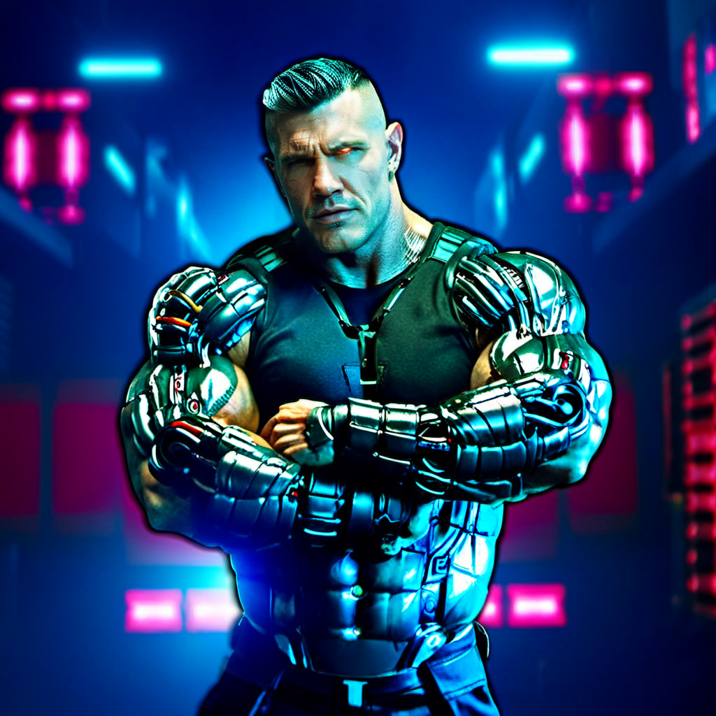 Cable1024, a muscular man with a robotic arm, +++((crossed arms)), cyberpunk background, highly detailed, photography, ultra sharp, film, bokeh, professional, 64k   <lora:Cable1024:0.8>