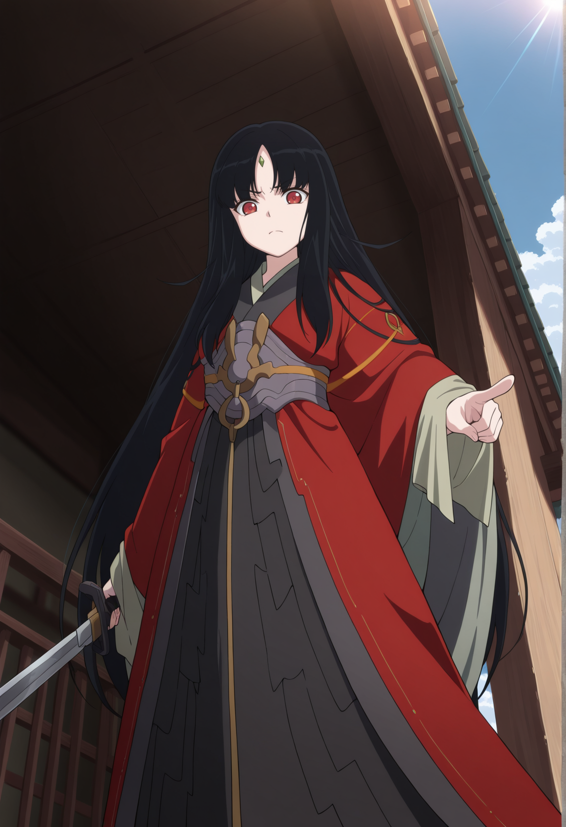 1girl, solo, very long hair, black hair, red eyes, forehead jewel, chinese clothes, red kimono, standing, balcony, outdoors, blue sky, sunlight holding sword, pointing at viewer, serious, from below <lora:Empress_ken_en_ken:1>, masterpiece, best quality, amazing quality, very aesthetic, absurdres, highres, newest