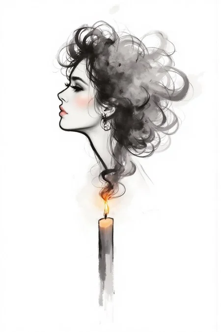 regr1 illustration. A woman's profile rising as wisps of smoke from a burning candle.
background is stark white <lora:regr3_shoujo_nocap_d6a3:1.0><lora:808054198164838689:0>