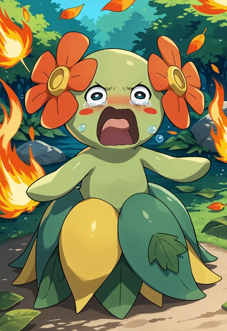 score_9, score_8_up, source_anime, <lora:concept_aquascreaming_ponyXL:1> aquascreaming, screaming, open mouth, crying with eyes open, <lora:BellossomPKMN-pdxl:1> b3ll, pokemon \(creature\), no humans, green skin, hair flower, black eyes, blush stickers, leaf skirt, fire, outdoors