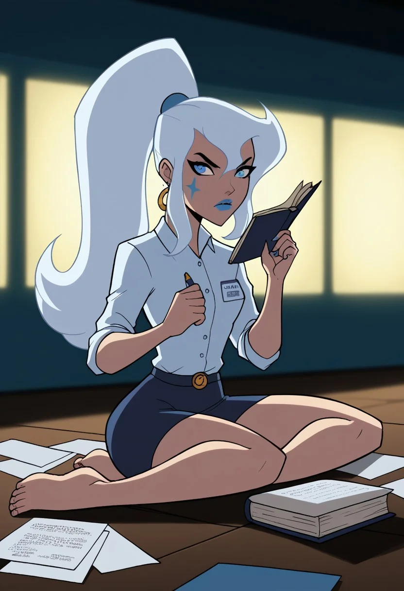 1girl, score_9, score_8_up, score_7_up, masterpiece, high quality, western cartoon, neon lighting, very detailed, depth of field, cinematic illumination, volumetric lighting, full color picture, vibrant colors, solo, alone,
DGirl, blue facial tattoo, white hair, long hair, ponytail, blue eyes, blue lips, makeup, office clothes, black short skirt, accountant, pencil in ear, gold ring, 
full body, sitting, serious, annoyed, hands up in air, paper on floor, long receipt, book,